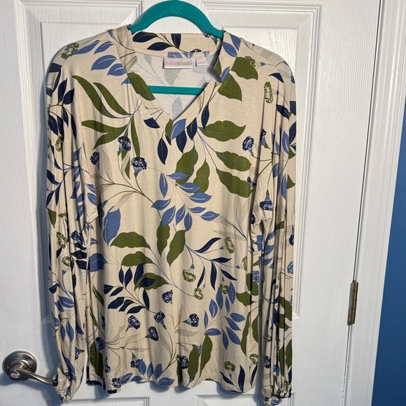 Belle by Kim Gravel Tops - Belle by Kim Gravel Leaf Print Blouse - Cream, Green, Blue